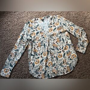 Ann Taylor Factory V Neck Floral Long Sleeve Blouse Size S Small Office Top